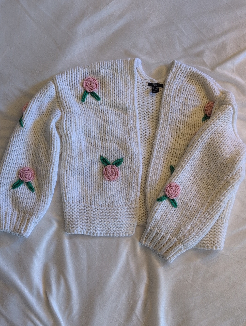 Forever 21 White Knit Cardigan with Pink Rose Embroidery